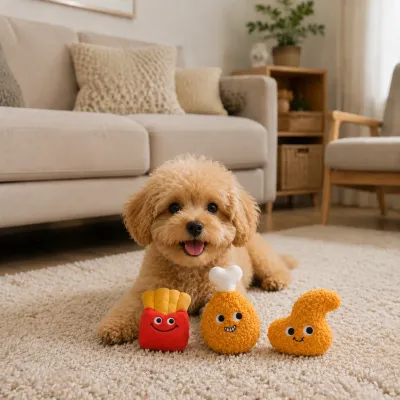 Small dog lying on a living room rug beside a fries toy and two chicken-shaped plush dog toys