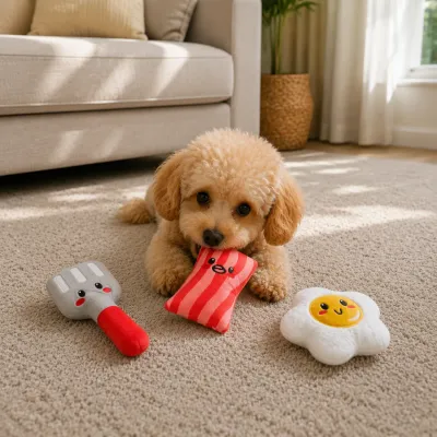 Small dog playing with a bacon plush toy beside fried egg and spatula dog toys in a living room