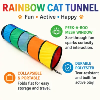 Interactive Rainbow Cat Tunnel Features Interactive cat tunnel with mesh window, durable polyester fabric, and foldable design