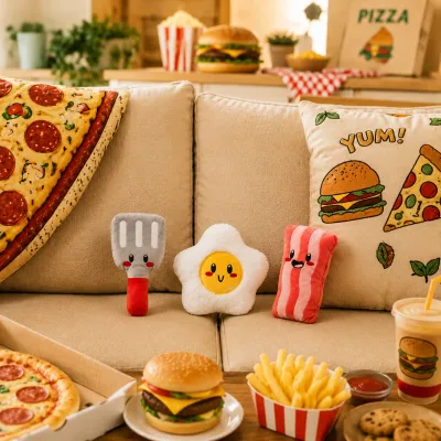 Bacon, fried egg and spatula plush dog toys displayed on a sofa in a food-themed living room