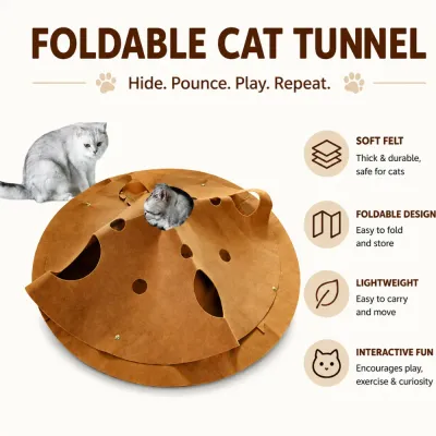 Interactive foldable felt cat tunnel toy with soft material and multiple openings