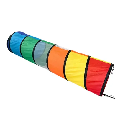 Rainbow cat tunnel toy with colorful sections for indoor cats to play and explore