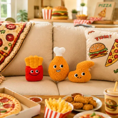 Three fast food-shaped plush dog toys displayed on a sofa in a food-themed living room
