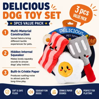 Three-piece plush dog toy set with mixed fabrics, hidden squeakers and built-in crinkle paper