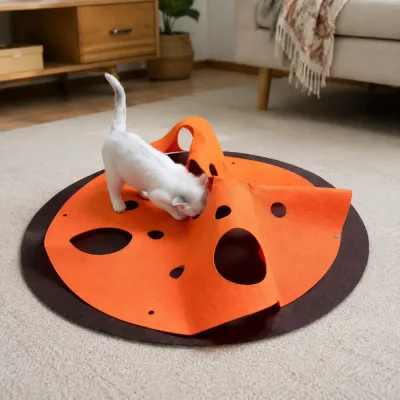White cat playing with an orange foldable cat tunnel toy in living room