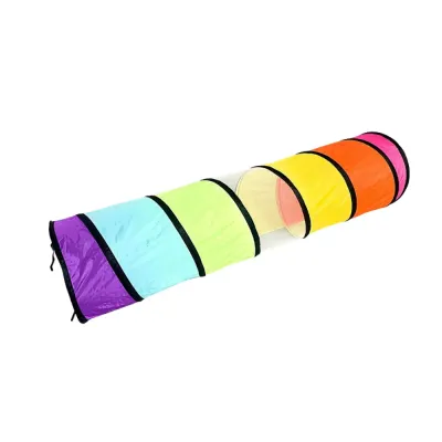 Pastel Rainbow Cat Tunnel Toy Pastel rainbow cat tunnel toy with colorful fabric sections for indoor cats
