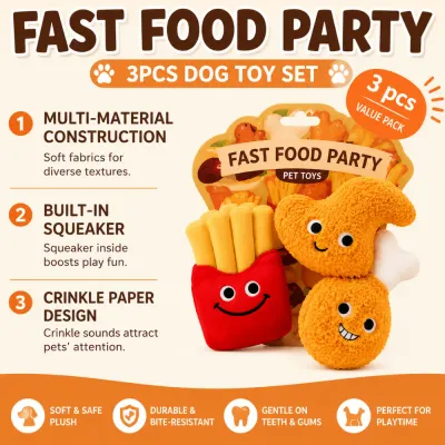Three-piece fast food plush dog toy set with soft fabrics, built-in squeakers and crinkle paper