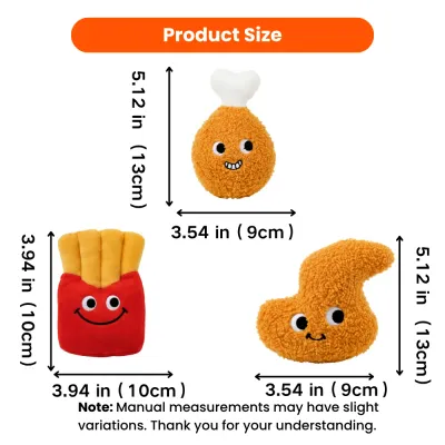 Size chart for a 3-piece fast food plush dog toy set featuring fries and two chicken-shaped toys
