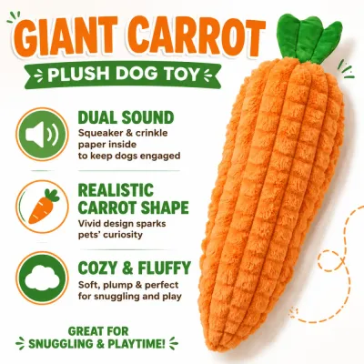 Giant Carrot Plush Dog Toy with Squeaker and Crinkle Paper Giant carrot plush dog toy with built in squeaker and crinkle paper for interactive play