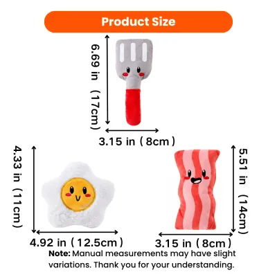 Size chart for bacon, fried egg and spatula plush dog toys with measurements in inches and centimeters