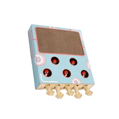 Front view of blue interactive cat scratcher with five mouse holes and paw levers
