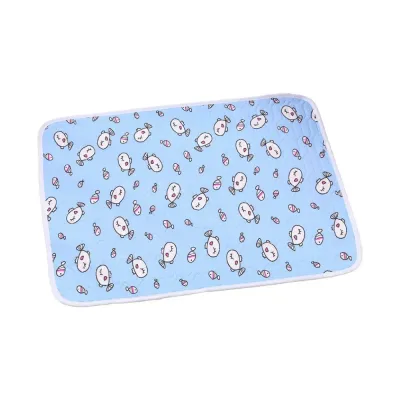 Blue pet cooling mat made with breathable ice silk fabric for cats and dogs on a white background.