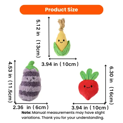 Vegetable Plush Dog Toy Size Guide Size chart for corn, eggplant and radish plush dog toys with measurements in inches and centimeters