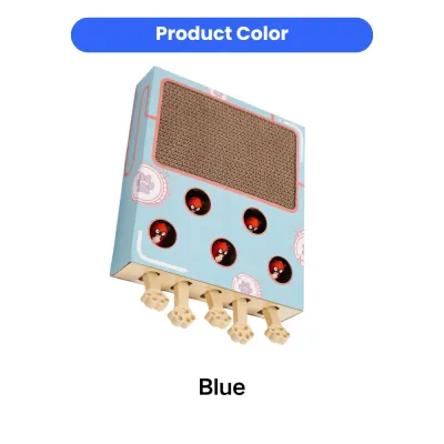Blue interactive cat scratching toy with corrugated cardboard scratch pad and moving teaser balls