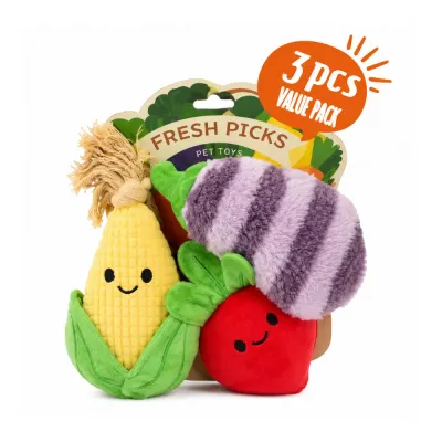3 Piece Vegetable Plush Dog Toy Set Three-piece vegetable plush dog toy set with corn, eggplant and radish toys in retail packaging