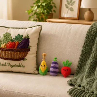 Vegetable Dog Toys on Living Room Sofa Corn, eggplant and radish plush dog toys displayed on a beige living room sofa