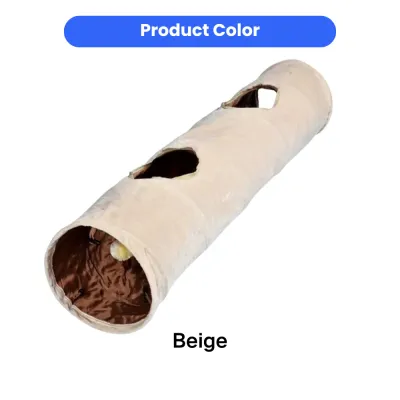 Beige Foldable Plush Cat Tunnel Color Beige foldable plush cat tunnel with multi-hole design and hanging pom-pom toy