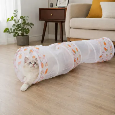 Cat Playing in Orange Mesh Tunnel Fluffy cat playing inside an orange breathable mesh cat tunnel in a living room