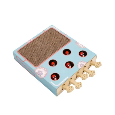 Blue cardboard cat scratcher toy with five moving mice and paw-shaped levers