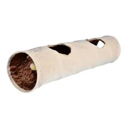 Beige Multi-Hole Cat Tunnel Front View Beige plush cat tunnel with three openings and hanging ball toy on white background