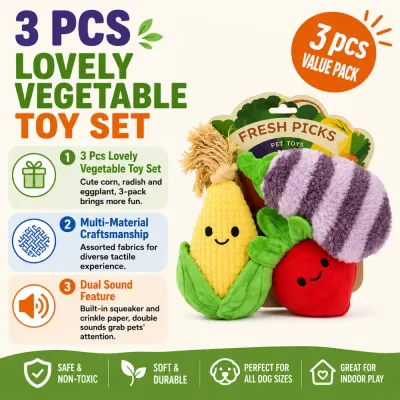 Vegetable Plush Dog Toys Features Three-piece corn, eggplant and radish plush dog toy set with squeaker and crinkle features