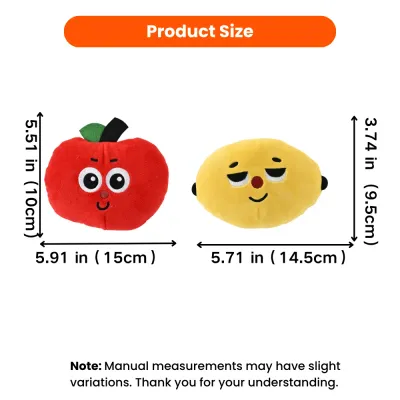 Apple and Lemon Plush Dog Toy Size Guide Size chart for apple and lemon plush dog toys showing measurements in inches and centimeters