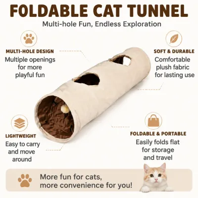 Multi-Hole Foldable Plush Cat Tunnel Features Foldable plush cat tunnel with multiple openings, soft fabric and lightweight portable design