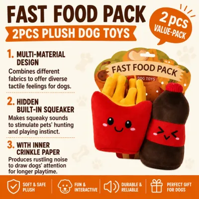 Two-piece fast food plush dog toys with mixed fabrics, built-in squeakers and crinkle paper for interactive play