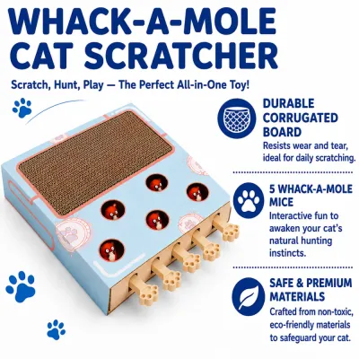 Whack-a-mole cat scratcher with corrugated board and five interactive mouse toys