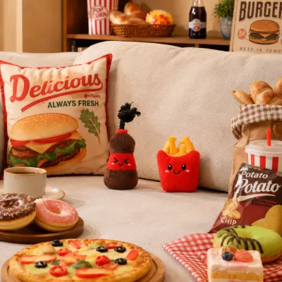 French fries and soda bottle plush dog toys displayed on a living room sofa with fast food themed decorations