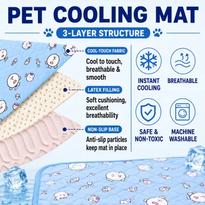 Three-layer pet cooling mat featuring cool-touch fabric, latex filling and non-slip base for dogs and cats