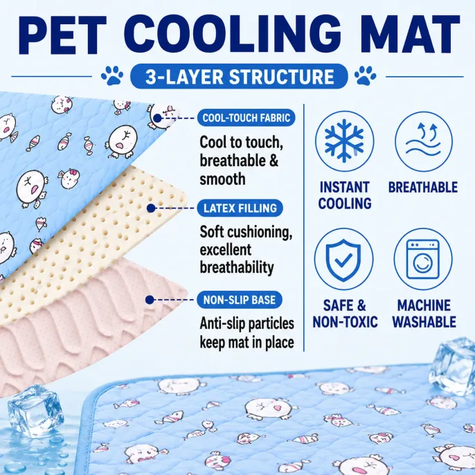 3 Layer Pet Cooling Mat with Cool Touch Fabric and Non Slip Base Three-layer pet cooling mat featuring cool-touch fabric, latex filling and non-slip base for dogs and cats