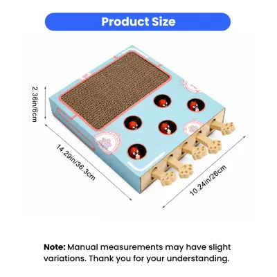 Interactive whack-a-mole cat scratcher measuring 14.29 x 10.24 x 2.36 inches