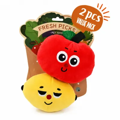 Cute Fruit Plush Dog Toys with Packaging Two-pack apple and lemon squeaky plush dog toys displayed with Fresh Picks retail packaging