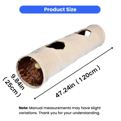 Foldable Cat Tunnel Size 47.24 x 9.84 Inches Beige foldable cat tunnel measuring 47.24 inches long and 9.84 inches wide