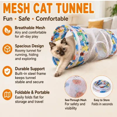 Breathable Foldable Mesh Cat Tunnel Features Breathable foldable mesh cat tunnel with steel frame and see through design