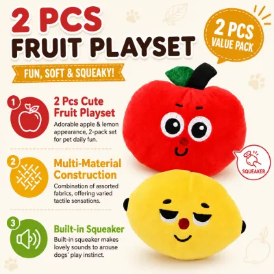 Two-Piece Squeaky Fruit Plush Dog Toy Set Two-piece apple and lemon plush dog toy set with soft mixed fabrics and built-in squeakers