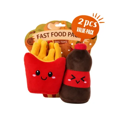 Red French fries and brown soda bottle plush dog toys supplied as a two-piece fast food themed set