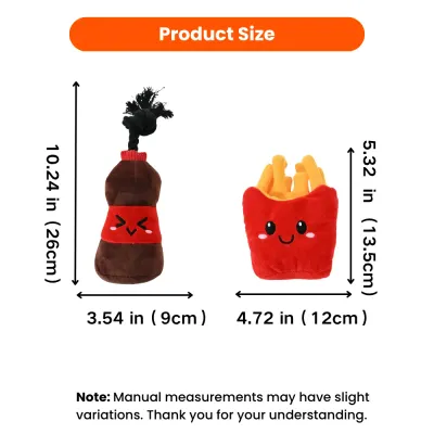 Size chart for soda bottle dog toy measuring 10.24 by 3.54 inches and French fries toy measuring 5.32 by 4.72 inches
