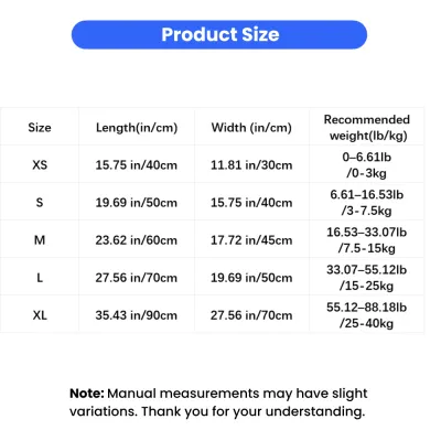Pet cooling mat size chart with dimensions and recommended pet weight for XS to XL.