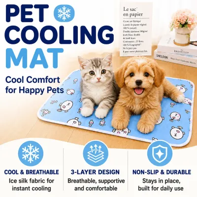 Dog and cat relaxing on a breathable pet cooling mat with cool-touch fabric for summer comfort