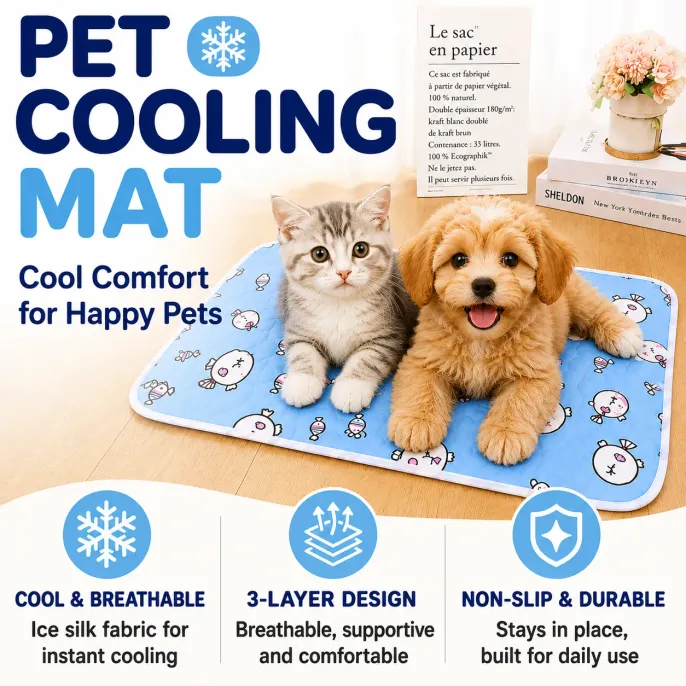 Pet Cooling Mat for Dogs and Cats Summer Cooling Pad Dog and cat relaxing on a breathable pet cooling mat with cool-touch fabric for summer comfort