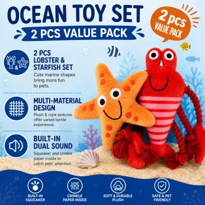 Two-piece ocean dog toy set with lobster and starfish plush toys, squeaker and crinkle paper