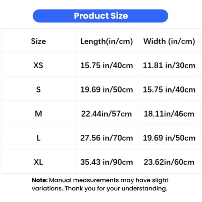 Pet self-warming mat size chart with XS, S, M, L and XL dimensions