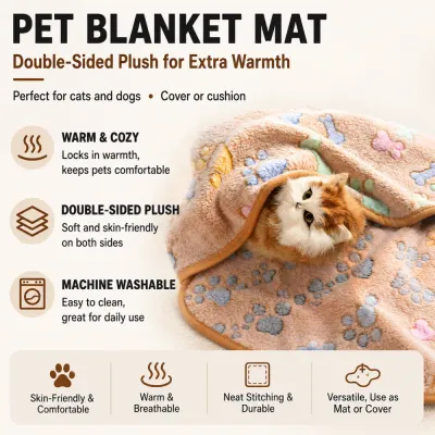 Double-sided plush pet blanket mat featuring warm fleece, machine washable design and soft comfort for pets