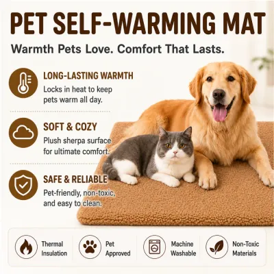 Pet self-warming mat with dog and cat showing warmth, soft plush and washable design
