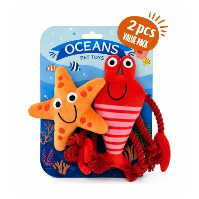Wholesale lobster and starfish dog toy set with colorful ocean retail packaging