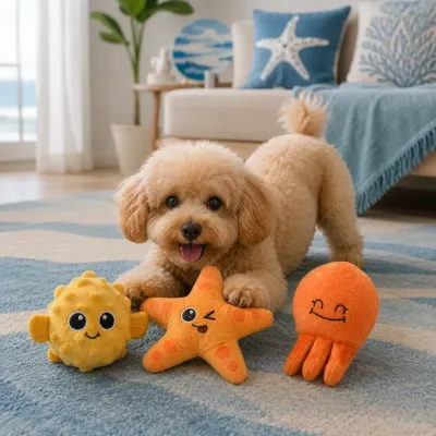 Small dog playing with starfish, pufferfish and octopus plush toys in a blue ocean-themed living room