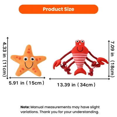 Size chart of wholesale ocean dog plush toy set featuring a starfish squeaky toy and lobster rope dog toy with dimensions in inches and centimeters.