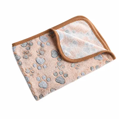 Brown double-sided plush pet blanket mat with paw print pattern for cats and dogs, soft warm fleece pet blanket